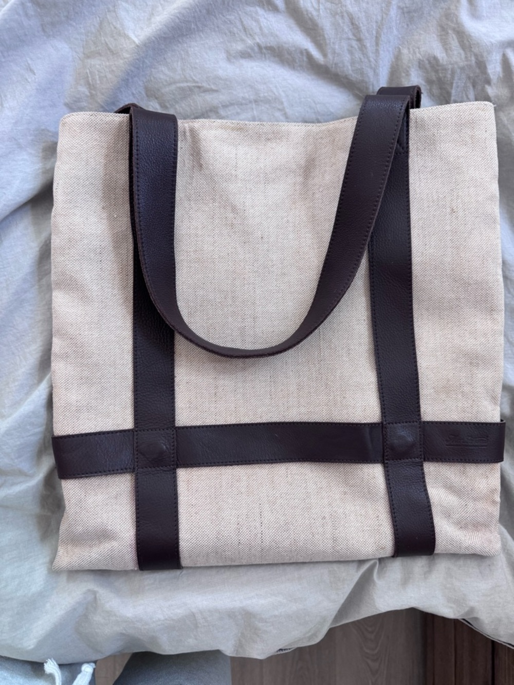 Canvas Tote Bag with Dark Brown Leather Straps